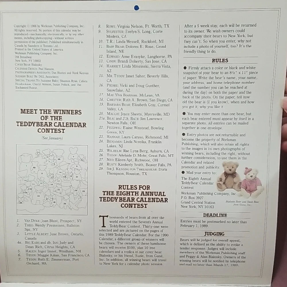 Vintage 1989 Teddy Bear Calendar